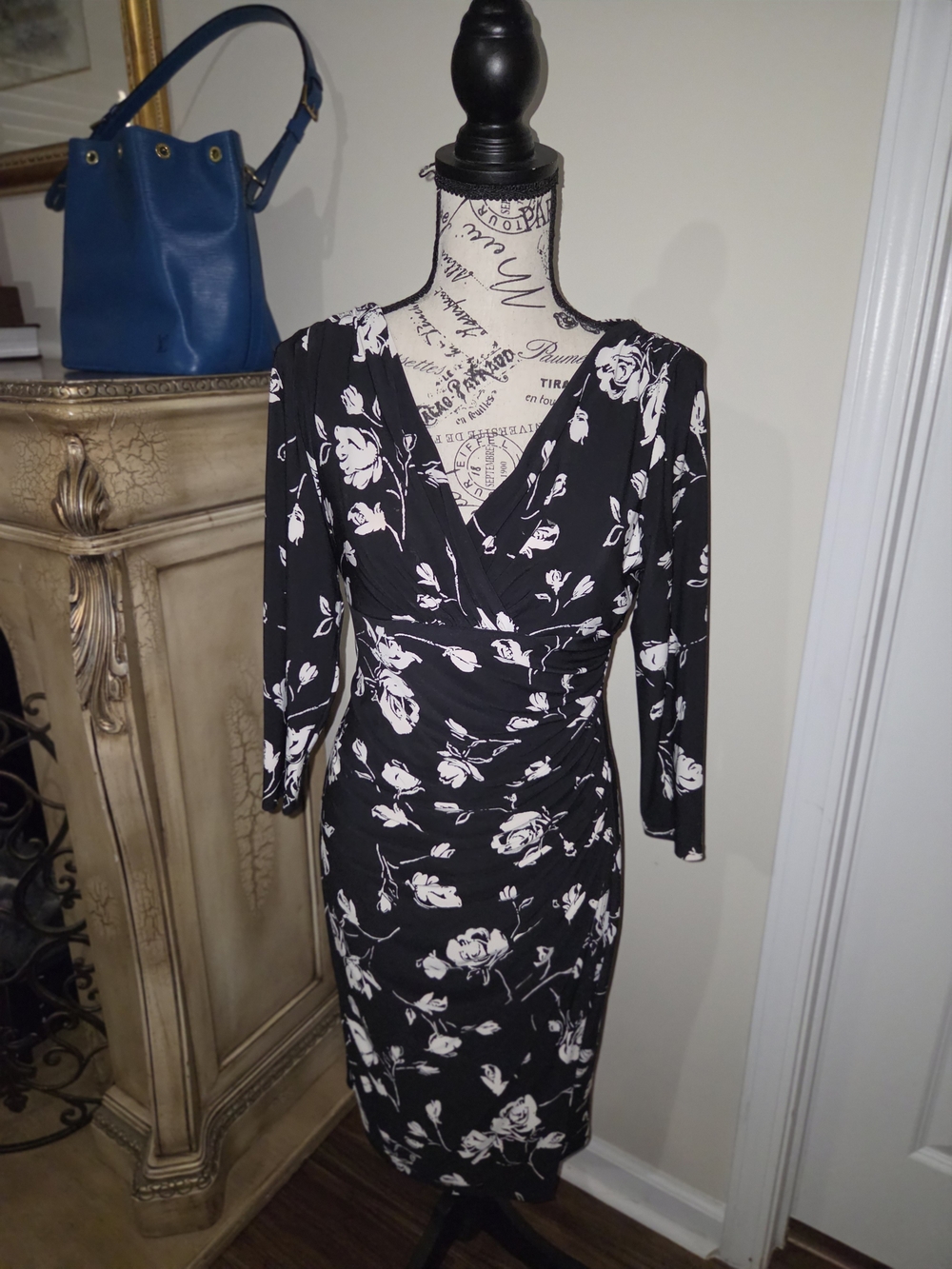 Ralph Lauren Black and White Floral Faux-Wrap Long Sleeve Dress